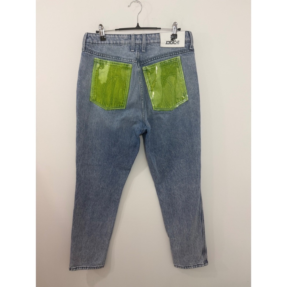 Jordache High Rise Straight Leg Jeans Blue Light Wash Neon Green Pockets Size 30